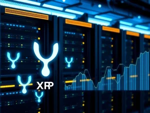 A digital representation of secure XRP cloud mining operations, symbolizing the potential for passive crypto income through BAY Miner's zero-fee platform.