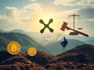 XRP token icon soaring past Bitcoin and Ethereum symbols on a digital chart, representing its remarkable surge in Coinbase buyer ranks post-SEC clarity.