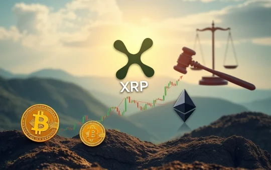 XRP token icon soaring past Bitcoin and Ethereum symbols on a digital chart, representing its remarkable surge in Coinbase buyer ranks post-SEC clarity.