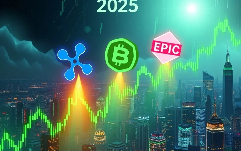 Chart depicting strong XRP News Today with bullish trends for XRP, HBAR, and EPIC, symbolizing the crypto market rally in 2025.