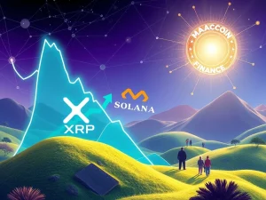 A chart showing a crypto market surge with XRP, Solana, and MAGACOIN FINANCE logos prominent, indicating growth potential in the crypto market.