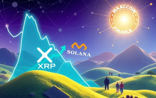 A chart showing a crypto market surge with XRP, Solana, and MAGACOIN FINANCE logos prominent, indicating growth potential in the crypto market.