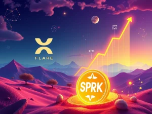 A visual representation of XRP DeFi growth, showing the SparkDEX token launch on the thriving Flare blockchain, symbolizing significant TVL surge.