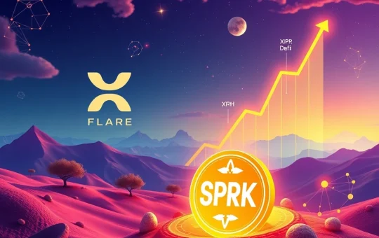 A visual representation of XRP DeFi growth, showing the SparkDEX token launch on the thriving Flare blockchain, symbolizing significant TVL surge.