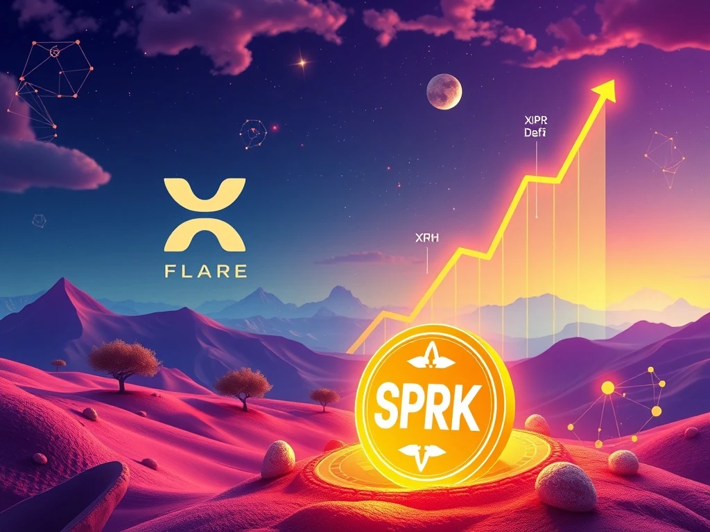 A visual representation of XRP DeFi growth, showing the SparkDEX token launch on the thriving Flare blockchain, symbolizing significant TVL surge.
