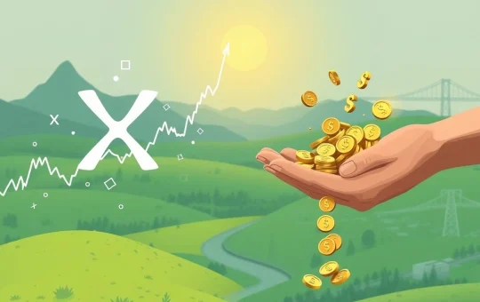 An illustration showing stable on-chain dividends amidst volatile XRP price charts, symbolizing passive crypto income.
