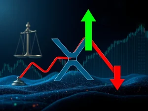 XRP News Today: Chart showing a double top pattern with a potential downside, balanced by upward arrows indicating rally potential amidst regulatory developments affecting XRP price.