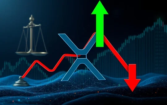 XRP News Today: Chart showing a double top pattern with a potential downside, balanced by upward arrows indicating rally potential amidst regulatory developments affecting XRP price.