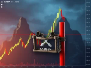 An XRP price chart displaying a sharp decline and rapid rebound, symbolizing the largest crypto bear trap in market history.