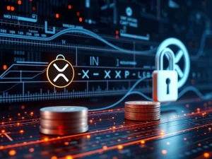 A digital representation of XRP tokens securely locked and managed by the XRP escrow feature on the XRP Ledger, symbolizing enhanced financial control.