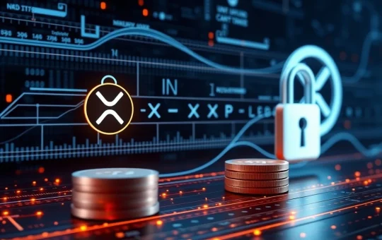 A digital representation of XRP tokens securely locked and managed by the XRP escrow feature on the XRP Ledger, symbolizing enhanced financial control.