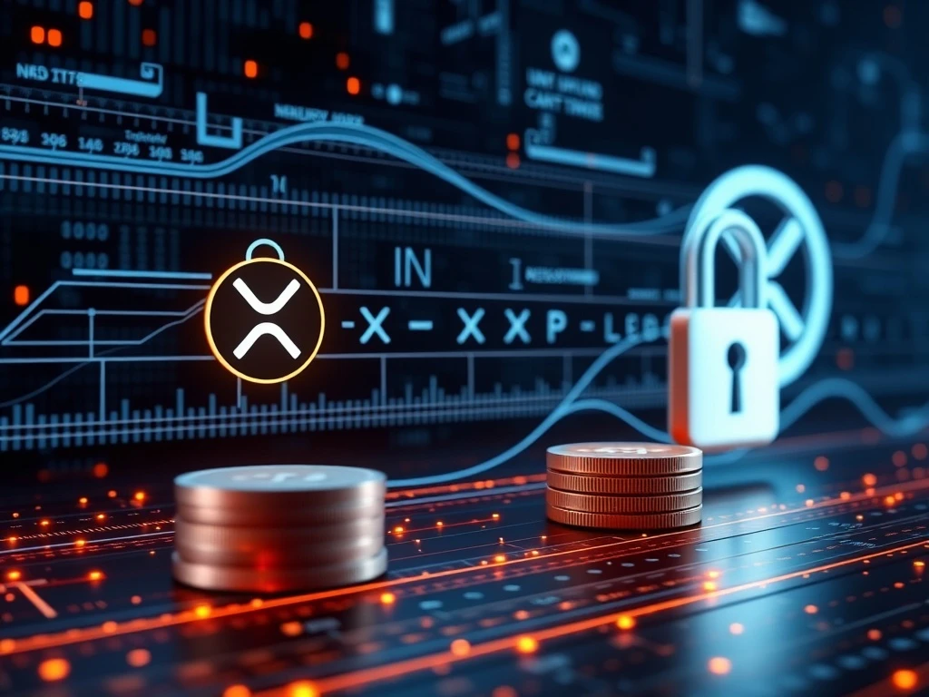 A digital representation of XRP tokens securely locked and managed by the XRP escrow feature on the XRP Ledger, symbolizing enhanced financial control.