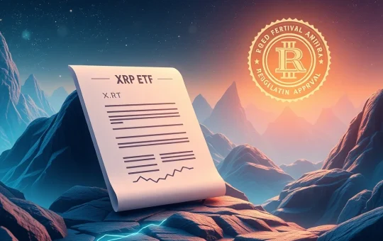 XRP ETF approval document with rising cryptocurrency chart and regulatory seal