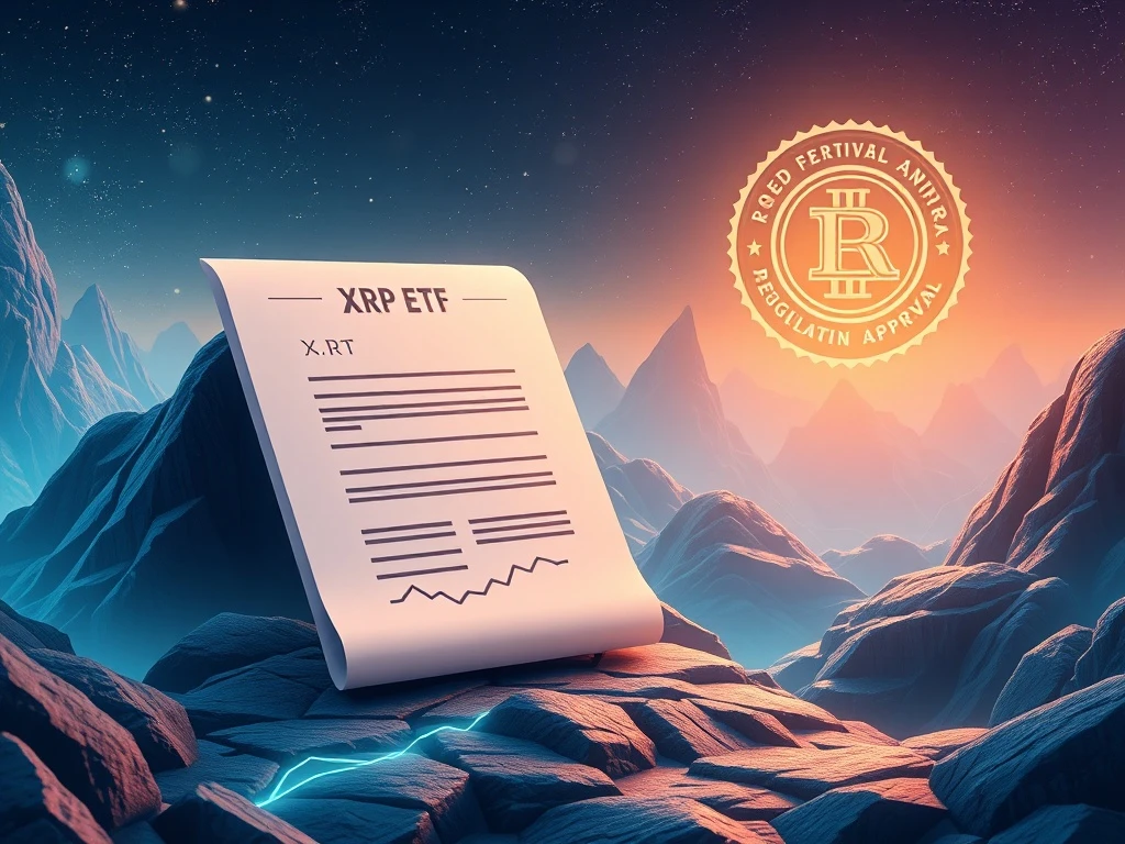 XRP ETF approval document with rising cryptocurrency chart and regulatory seal