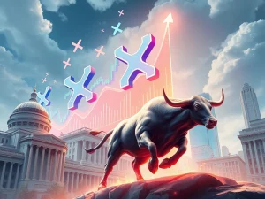 A powerful bull charges through a landscape of digital charts and financial institutions, symbolizing the potential XRP bull run driven by ETF approvals and institutional adoption.