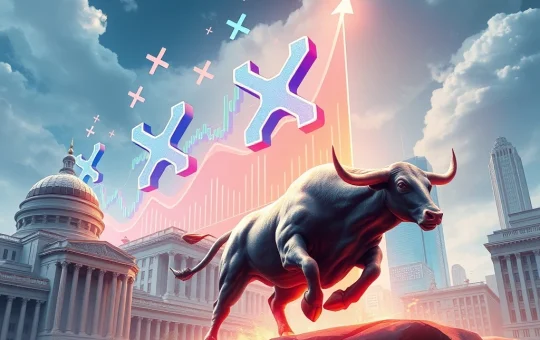 A powerful bull charges through a landscape of digital charts and financial institutions, symbolizing the potential XRP bull run driven by ETF approvals and institutional adoption.