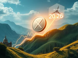 XRP coin ascending, symbolizing growth fueled by XRP ETF filings and RLUSD, signaling strong optimism for 2026.
