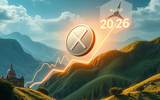 XRP coin ascending, symbolizing growth fueled by XRP ETF filings and RLUSD, signaling strong optimism for 2026.