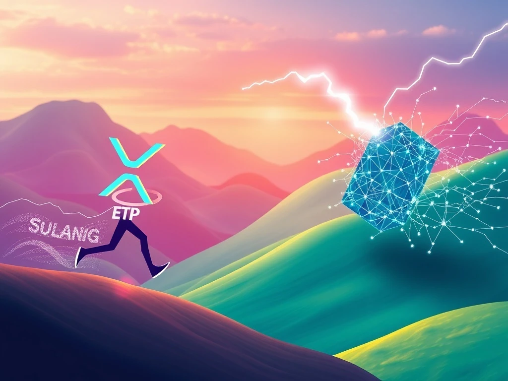 A visual metaphor depicting XRP ETFs and Solana blockchain competing, representing the future of crypto investments.