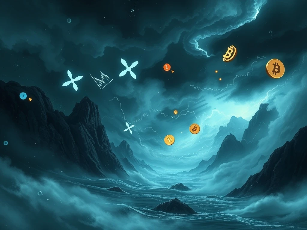 Chart showing a sharp decline in XRP and Ethereum prices, symbolizing crypto liquidations and market volatility.