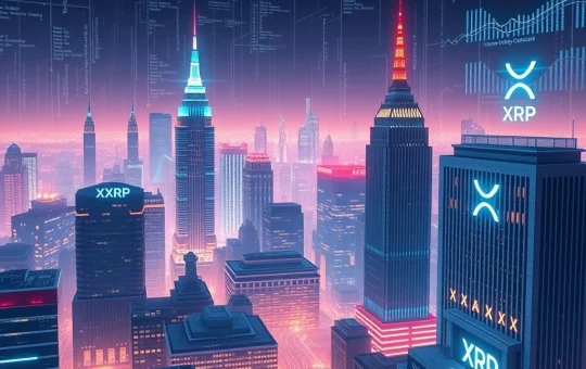 A visual representation of XRP's institutional adoption, showing financial charts surging and digital assets connecting with traditional finance, reflecting the growing XRP Futures market.