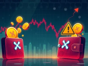 XRP tokens transferring between digital wallets with scam warnings and a declining price chart, highlighting the urgent XRP market situation.