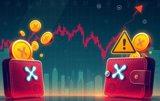 XRP tokens transferring between digital wallets with scam warnings and a declining price chart, highlighting the urgent XRP market situation.