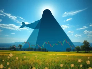An investor looking at a volatile crypto market chart, with XRP and Chris Larsen's large holdings depicted as a looming sell pressure risk.