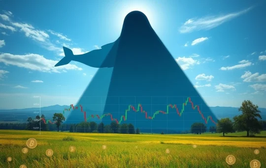 An investor looking at a volatile crypto market chart, with XRP and Chris Larsen's large holdings depicted as a looming sell pressure risk.