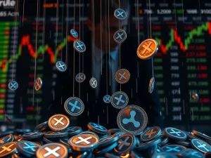 A visual depicting the significant XRP price drop following Chris Larsen's large transfer, highlighting crypto market volatility.