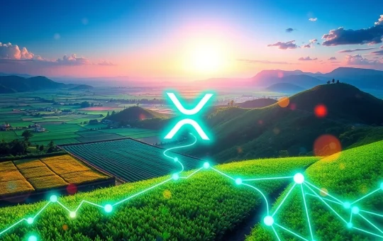 An illustration of digital tokens representing agribusiness receivables flowing across the XRP Ledger, symbolizing the groundbreaking tokenization of real-world assets in Brazil's private credit market.