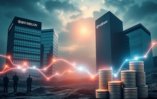 Illustrates traditional finance integrating with XRP Ledger tokenized assets, symbolizing institutional adoption and digital transformation.