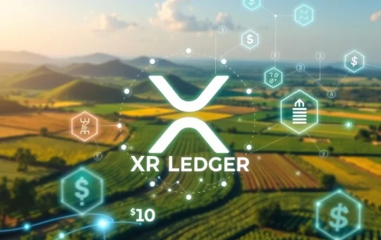 The XRP Ledger logo overlaying a digital representation of Brazil's agribusiness, symbolizing the tokenization of real-world assets.