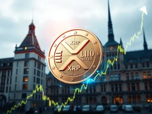 A dynamic chart illustrating a significant XRP surge, alongside symbols of the European Digital Euro and the XRP Ledger, representing potential financial integration and market growth.