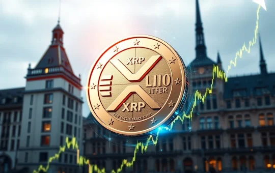 A dynamic chart illustrating a significant XRP surge, alongside symbols of the European Digital Euro and the XRP Ledger, representing potential financial integration and market growth.