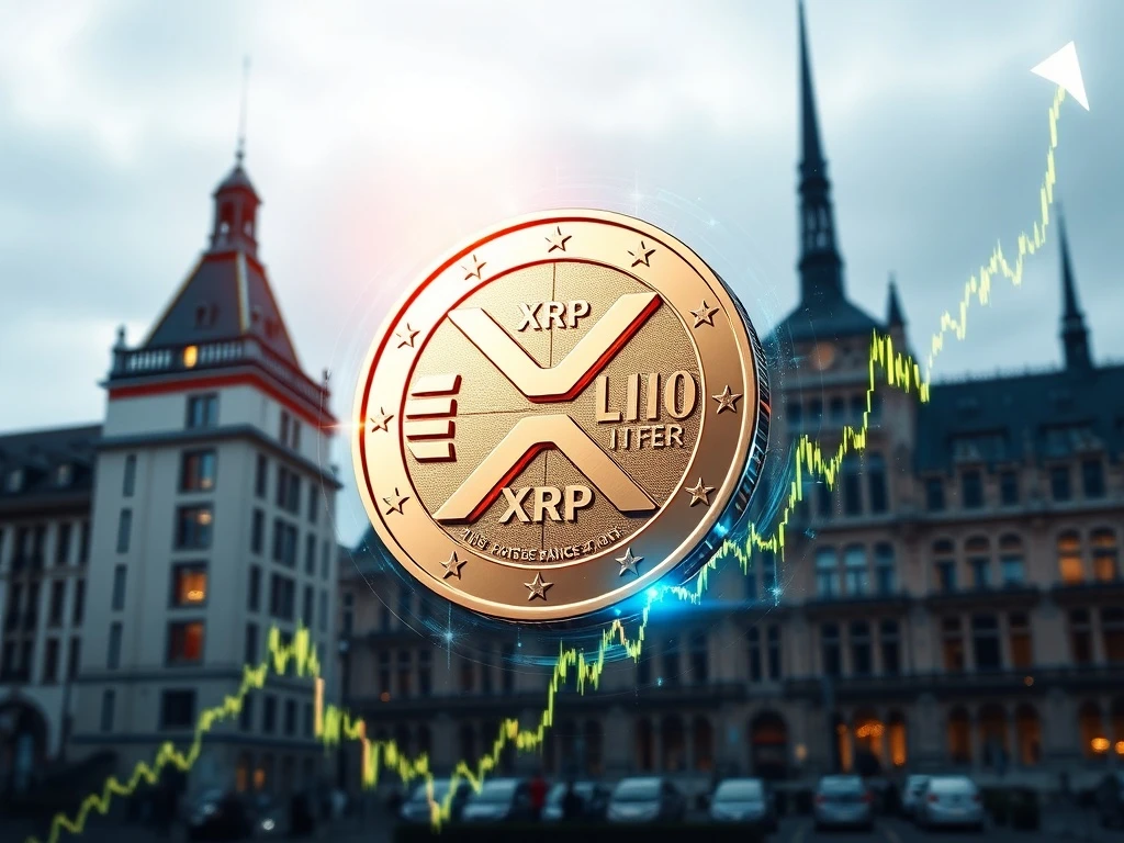 A dynamic chart illustrating a significant XRP surge, alongside symbols of the European Digital Euro and the XRP Ledger, representing potential financial integration and market growth.