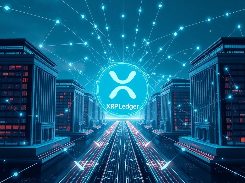 Visualizing the XRP Ledger facilitating seamless institutional DeFi and cross-border payments within a global financial network.