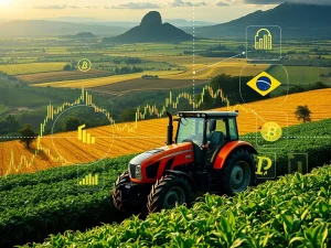 A visual representation of the XRP Ledger blockchain facilitating tokenized agribusiness debt in Brazil, showing digital assets flowing into agricultural landscapes.