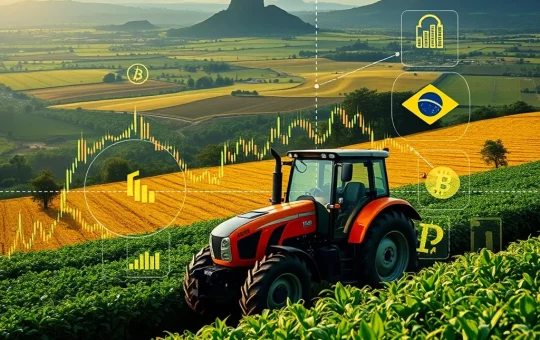 A visual representation of the XRP Ledger blockchain facilitating tokenized agribusiness debt in Brazil, showing digital assets flowing into agricultural landscapes.