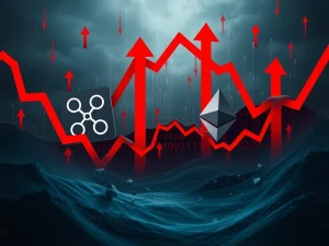 A chaotic crypto market chart showing a sharp decline, with XRP and Ethereum symbols amidst a cascade of red numbers representing significant XRP liquidations.