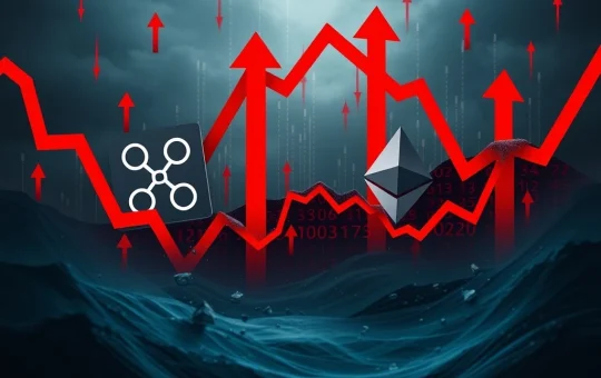 A chaotic crypto market chart showing a sharp decline, with XRP and Ethereum symbols amidst a cascade of red numbers representing significant XRP liquidations.
