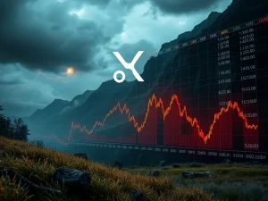 Chart showing a sharp XRP price drop with indicators of market volatility and leveraged liquidations impacting the XRP price.