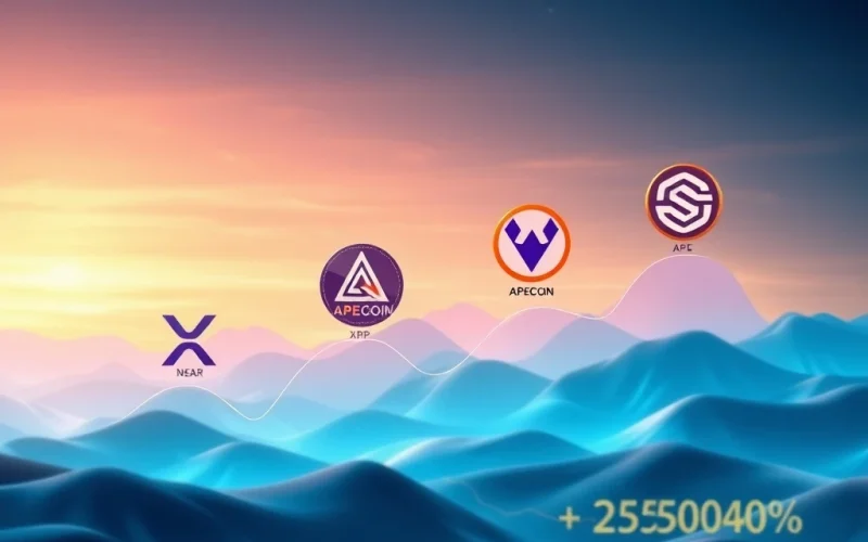 Digital charts illustrating the surge of XRP and the potential for 2500% crypto gains from ApeCoin, NEAR Protocol, and Sui for investors.