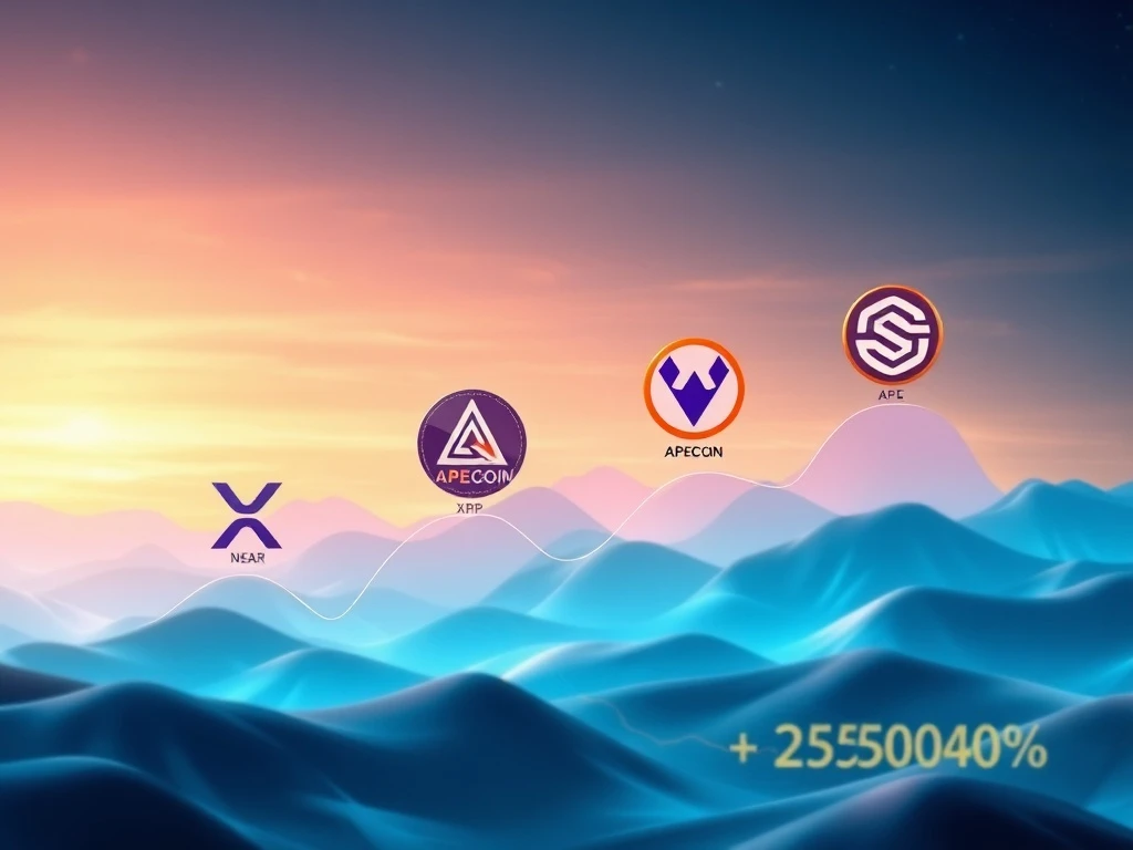 Digital charts illustrating the surge of XRP and the potential for 2500% crypto gains from ApeCoin, NEAR Protocol, and Sui for investors.