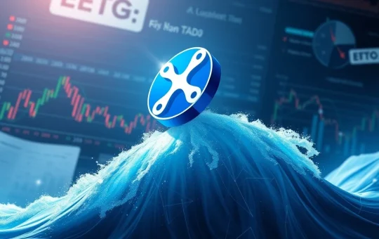 XRP coin surging on a bullish wave with financial charts in the background