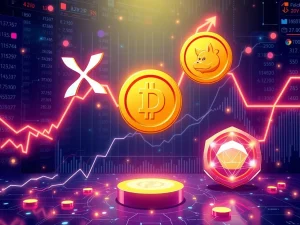 XRP news today: Chart showing bullish trends for XRP and Dogecoin, with a glowing new crypto presale token signifying rapid growth.