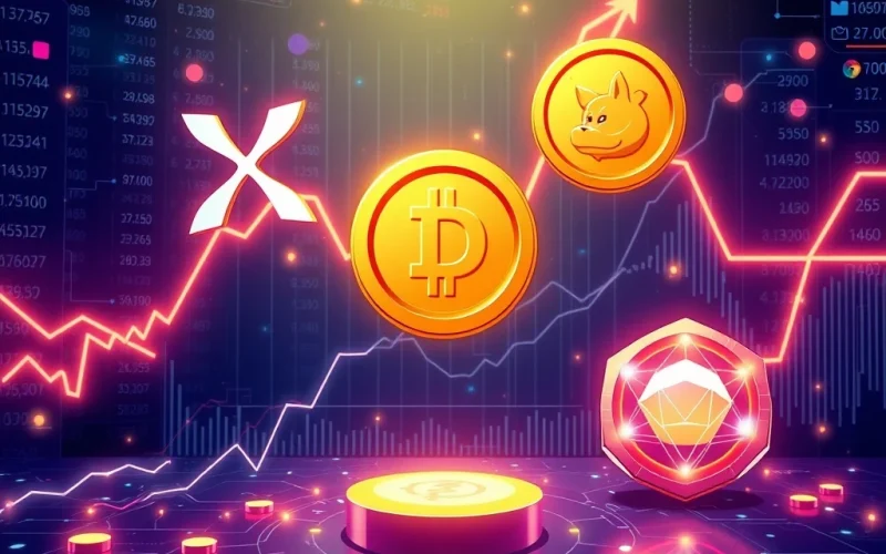 XRP news today: Chart showing bullish trends for XRP and Dogecoin, with a glowing new crypto presale token signifying rapid growth.