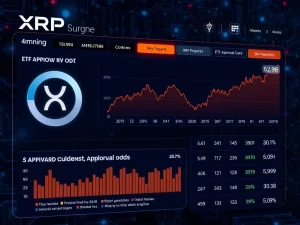 XRP price surge and ETF approval odds on a financial dashboard