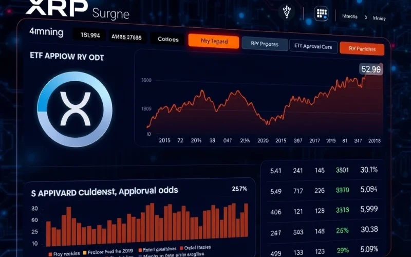 XRP price surge and ETF approval odds on a financial dashboard