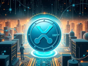 XRP coin shining in a blockchain network with data center backdrop